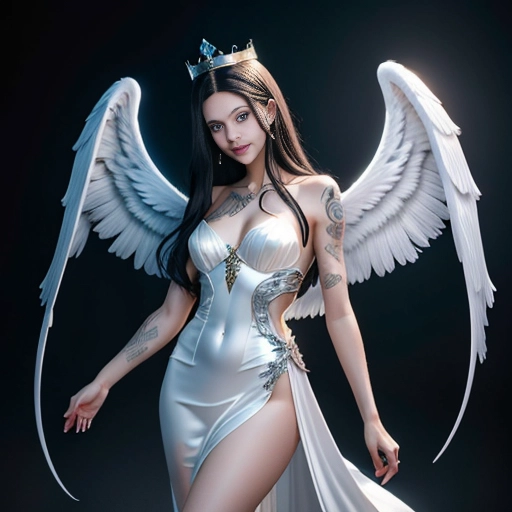 a 8k high detail photo full body shot, ,five slender fingers ,silky hair, Handsome face ,beautiful lips, blue eyes,curved eyebrows,curved eyelid,pale skin,satisfaction,tattoo,ultra realistic,smooth,8k,studio lighting,surreal, Angel Wings, Angelic Lighting, Love, Hope, Magic, Crown, Smiling,