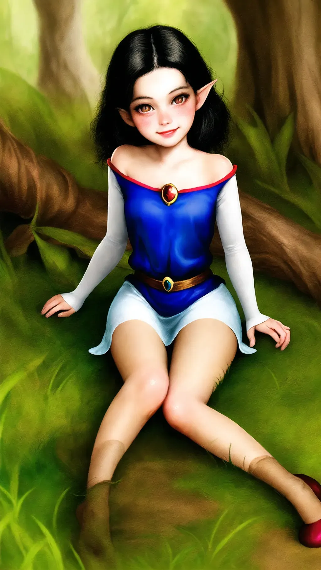 Disneys Snow White illustrated in realistic concept art style, her smile is cute and innocent, her cheeks are blushing red, princess Snow White, brown eyes, wholesome fairy tale art
