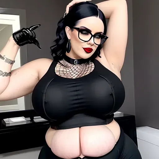 goth, black crop top, underboob, sideboob,thick thighs, black flare pants, chubby, aheago, black hair, collar, fishnet, pregnant with quadruplets, bloated, shy cute face, glasses, massive belly, humongous belly, gargantious belly, massive ass
