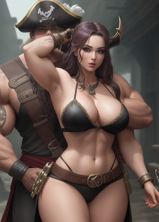 Sexy pirate girl held by a big muscular man, arms behind her back, gropes her, bruises all over her body, sexual intent