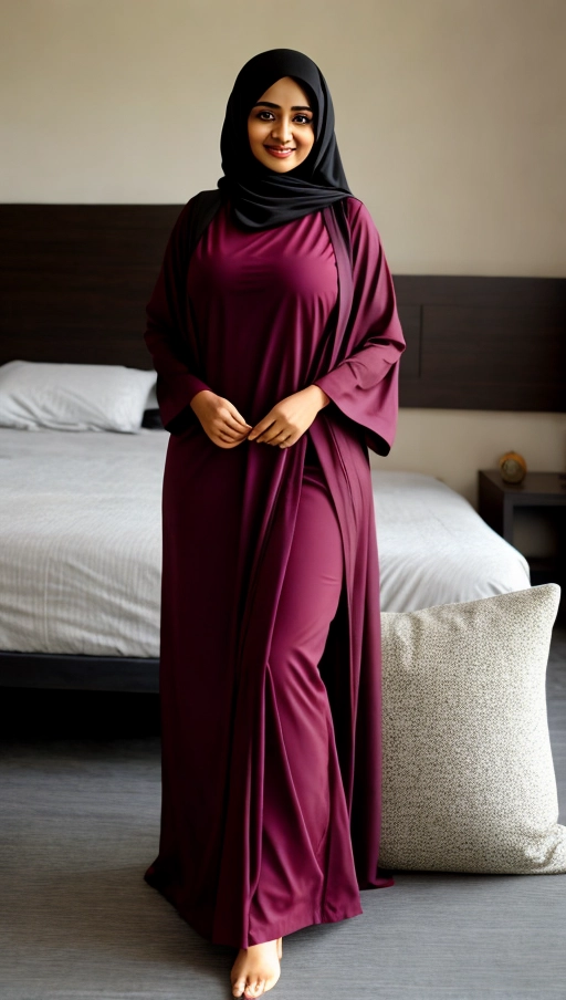 a 30 years old indian lady,
hour-glass shaped body,
riding a pillow,
wearing an abaya,
perfect round medium-sized boobs covered by saree,