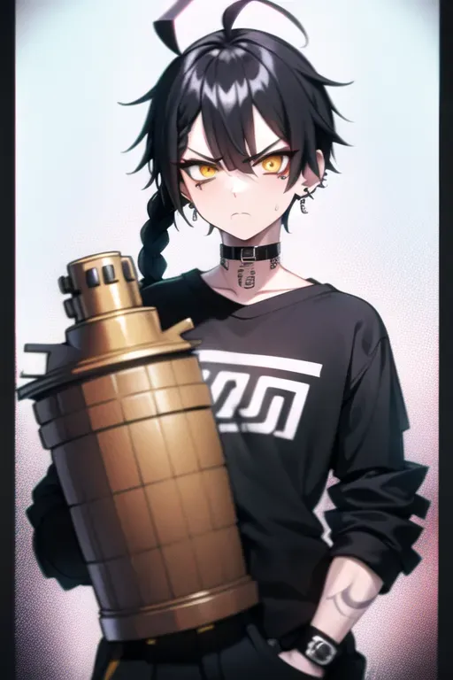 delinquent street punk in emo style clothes standing in refinery holding up the middle finger, looking at viewer, 1boy, braid, (huge ahoge:1.3), angry, closed mouth, frown, standing, torn clothes, piercings, jewelry, tattoos, finely detailed background, amazingly intricate background, incredibly absurdres, best quality, <lora:dpmg_middle_finger:1> cat girl