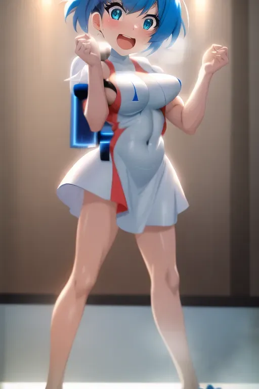 wide shot, 20 year old, an anime girl, insanely beautiful, naked, blue, gym, day time, indoor lights, happy, 8k, professional
