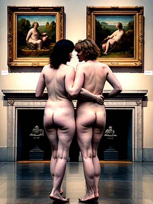 two naked middle aged ladies are getting sexual with each other in public at an art museum