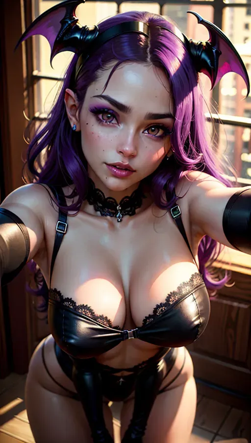 best quality, (((ultra high res))), (detailed face and eyes), ((succubus)), ((face closeup)), single, bent over, kissing lips, kissing the viewer, selfie, black lingerie, purple skin color
