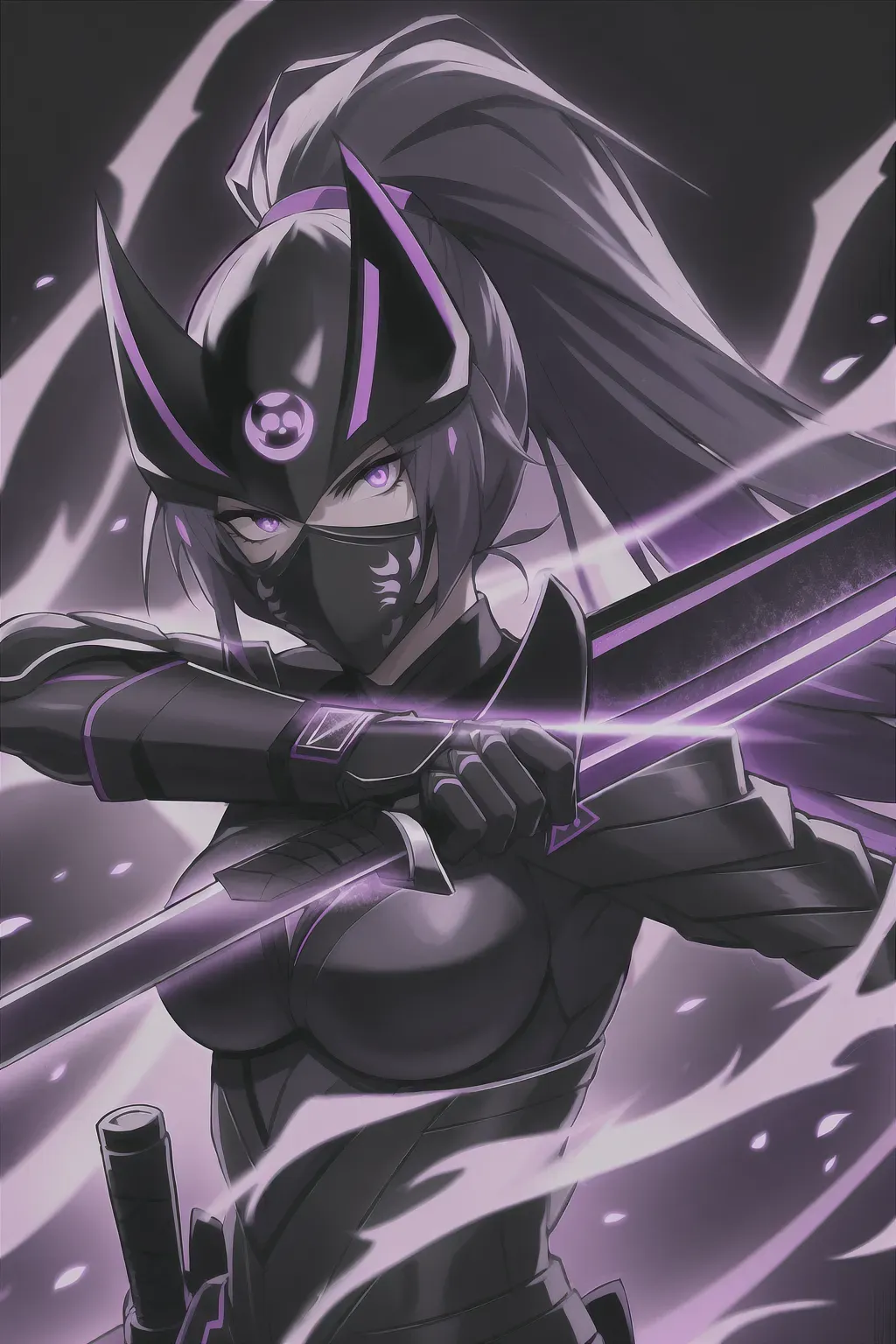 Ninja, full face mask, black, glowing purple accents, with a sword, female, 8k wallpaper, best quality, ultra hd, global lighting, hi-resolution, high quality, highly detailed, in a dark forest