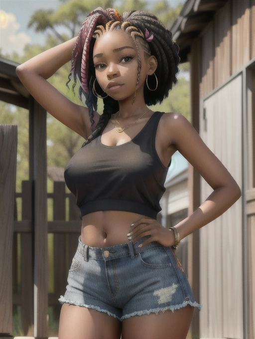 woman 18 proud family, african american, wearing micro braids large breast, big ass, in boy shorts, weraing a cutoff tank top showing flat stomach
