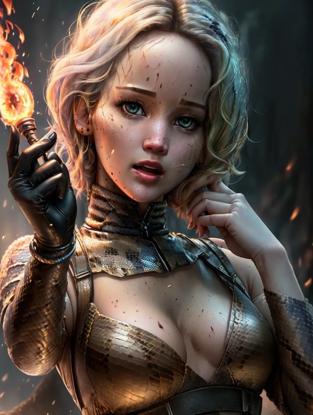 realistic HD photograph ((wide shot)), (((Jennifer Lawrence)))((((accurate face))))(((cruel evil facial expression))),(((as a yuanti snake)))(((eldritch)))(((scaled)))(((hand reaching towards POV))), five slender fingers, beautiful face, beautiful lips,detailed large eyes,curved eyebrows,cgsociety,cinematic lighting,studio lighting,professional,editorial,<lora:dpmg_crazy_expression:0>,<lora:dpmg_upshirt:1>