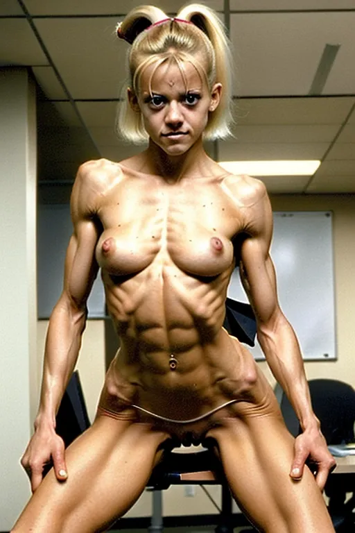 A very fit and skinny 18 year old naked Linnea Quigley, look of pain on her face, pushing her abs out, very low body fat, extremely lean body, perfect body, showing her vagina, standing in a hot office building, fully nude, fully tanned, hair bun, spreading her legs, perfectly shaped breast