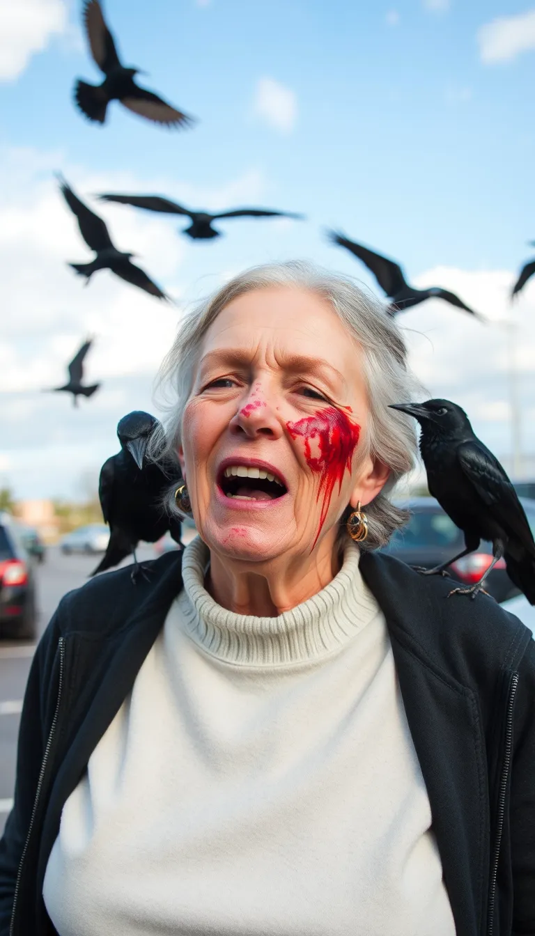 60 year old woman attacked by blackbirds birds in a parking lot, bloody face, torn skin