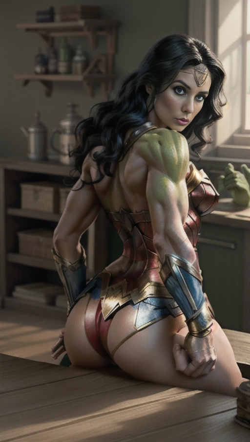 Half naked Wonder Woman bending over a table and the Hulk fucks her from behind,