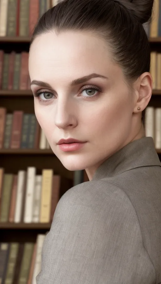 Old library, scholarly woman, early morning light, Sharp Features with Piercing Grey Eyes, a Prominent Nose, and Fine Lips, Tight Bun, focused look, intelligence shining through, (detailed close-up shot).