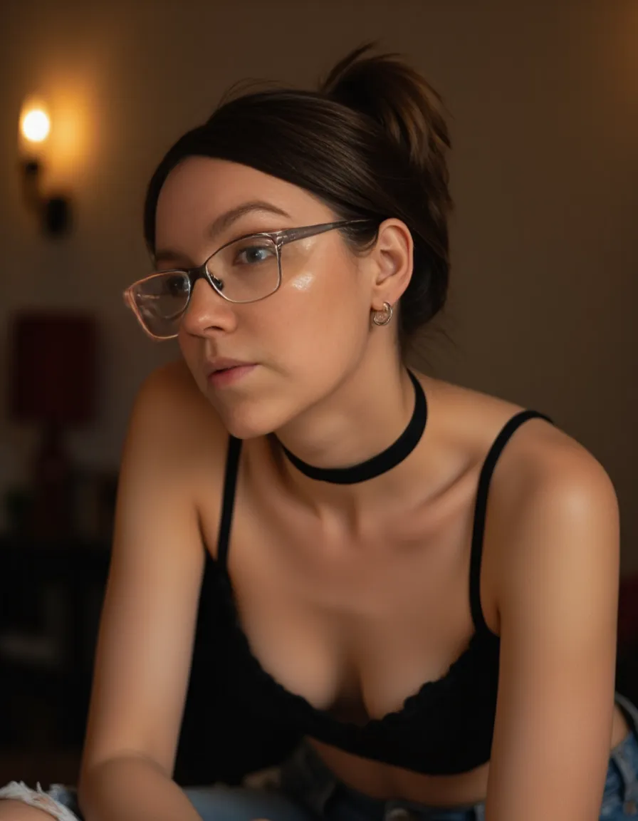 ((Ultra realistic)) ((high quality))
((A horny Gorgeous 20 year old dressed up revealing and slutty,)) hair bump pinned up in a ponytail by two chop sticks, ((wearing a black choker, pink rectangle framed nerd glasses,)) thick black eye liner and eye shadow, lips bright pink,((mole by her nose, beauty mark))
((Wearing tight tank top and skin tight ripped jeans))
Perfect tits, ((small- medium-sized breasts))
Perfect body, thin wide hips, beautiful big thick round ass.
((Posing bending over))