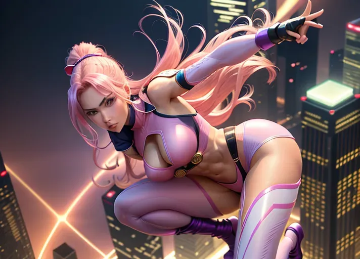 superhero, beautiful woman, long pink hair in ponytail, sexy and tight body suite in a mix of pink and purple, sensual short skirt showing lot of clevage, cape and sexy gloves, short boots with high heels, superhero face mask, bracelets on arms and legs, perfectly toned and slender body, abs, small breasts with erect nipples visible, pussy camel toe visible, very pretty face and eyes, highly detailed eyes with arched eyebrows, senusal expression, perfect composition, hyperrealistic, photorealistic, pretty face, dramatic action Pose, crouching stance with one stretched leg in a slipt and one arm raised pointing forward, full body view, Highly detailed, bright lighting, perfect composition, hyperrealistic, super detailed, high quality, trending art, trending on artstation, sharp focus, intricate detail, extremely detailed, centered, full frame, photorealistic, vivid contrast, vivid colors, 3dcg, 3d, render, 8k, UHD, HDR, Masterpiece, best quality
metropol city setting at night, dramatic sky lit up by ligthning, posing on top of sky scraper, view from far above