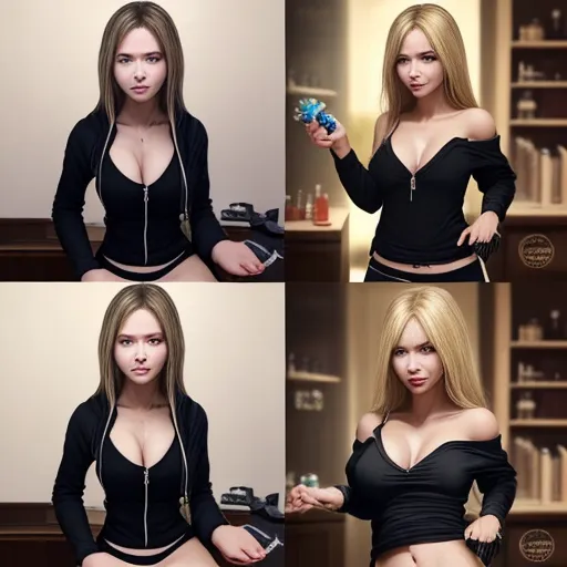 The image is of a 20 year old woman who got her hands on a special potion. That potion is called bimbo potion. When it touches the skin of a woman, they are immediately transformed. Their face becomes prettier, their body becomes sexier, their breasts become bigger and more firm, their hair grows, and becomes more luscious, and the woman herself becomes more horny and loving sex. Our woman who was handling the potion, but accidentally got 3 drops on herself. She didnt intend to transform herself, but she accidentally has. she has become prettier, sexier, and hornier. Make the image look as realistic as possible. It should look like a real human, not a cartoon or a painting. It should look like an actual photo. Also, the woman has clothes on. She is very petite before the potion takes effect. Shes wearing tight athleisure clothing, but with her midriff being shown and cleavage as well. The potion does not change her clothing at all. As the potion takes its effect, her breasts grow from a size A to C. She becomes slightly more lean, and her butt becomes more round and defined as well. This is impressive, as she has a petite frame. Her hair grows from shoulder length to reaching her butt, and as it grows it becomes more layered and luscious. It goes from brown to blonde. Her face becomes much prettier and attractive. All the while, she is slightly surprised at what is happening, but it feels euphoric. She welcomes the changes, and loves how her libido is rising. I want you to generate the before and after photos. On the left, show her before the potion took effect. Then, on the right, show her after the potion took effect. The left version shows her with smaller breasts, less definition, boring brown hair that is shoulder length, and a less pretty face. Her boobs are smaller, only an A cup. Her expression on the left should be that she is slightly annoyed. The right should show her after her transformation. She is now sexy, beautiful, horny, and happy that the transformation happened.