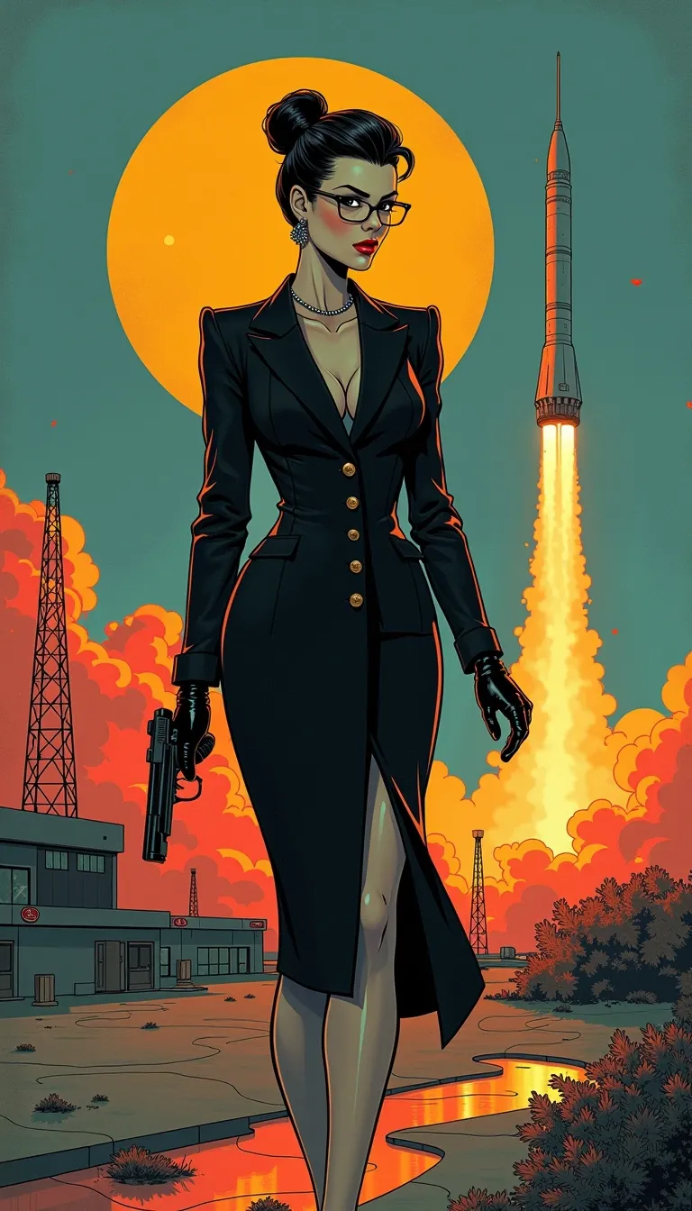 Holly Goodhead, slutty MIB silhouette, high-slit pencil skirt tight as betrayal, blazer barely buttoned over strategic absence, glossy black stilettos clicking like countdowns, gunmetal glove on one hand the other stained with red secrets, glossy plump lips like classified intel, hair slicked into a top-bun with three loose strands escaping protocol, disgusted smirk hiding six murders and a motive, future noir femme fatale, espionage elegance wrapped in visible brush strokes, hand-drawn graphic novel style, thick ink lines, halftone shadows, stylized lighting mid-scene, posture sharp as her sidearm, fashion as threat vector, visible tension in linework, noir retro-futurist palette
set at dusk, deep blue and orange gradient sky, sodium lights flickering on brutalist launch pad architecture, rocket launching in the background trailing smoke and fire into a dying horizon, dramatic light flaring behind her legs, silhouette cut by shadows and heat distortion, wind from the ignition pulling at skirt fabric and loose strands of hair, her face lit from below by flame-glow, glint of chrome on her earring like a countdown tick, debris in the air catching light like shattered code, she doesn’t look back
hand-drawn comic illustration, thick ink outlines, halftone shading, visible brush strokes, stylized light, posture mid-scene, key features outlined for drama, fashion with visual storytelling, glitter or grime as mood accents, emotion rendered in line weight