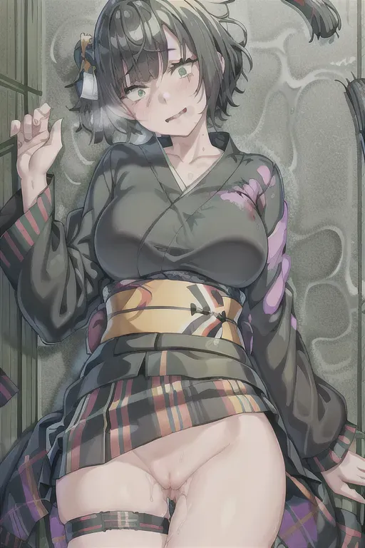 1girl, short black hair, green eyes, samurai, yukata, constricted pupils, yandere, light smile, crazy eyes, looking at viewer, kyoto night alley, atmospheric lighting, night sky, blood on clothes, torn clothes, head tilt, torn dress <lora:dpmg_crazy_expression:1>, <lora:dpmg_fingering:1>
Legs spread, lifted skirt, masterbation, pussy, cum
