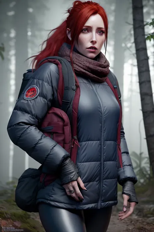 a concept photo of ill woman, dirty red hair, at night, thin, tired,dark blue eyes,big winter jacket, scarf, leggings, backpack, hiking boots, dirty face, scared, in a forest at night, fog, smoke, campfire, five fingers per hand, a messy loose ponytail, realistic eyes, small pupils, curved eyebrows, textured skin,cgsociety,8k, unreal engine, highly detailed,artstation, deviantart, cinematic, sharp image, centered, medium close up, 8k, volumetric lighting, entire body in frame,hyper-realistic