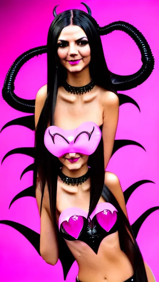(((((Victoria justice succubus))))), eyelashes, best quality, (((ultra high res))), (detailed face and eyes), perfect boobs, perfect body, seductive, very long hair, ((black hair)), latex, charming, giant magical necklace, pink magic force, corruption, (((long succubus tail))), (purple latex gloves), pink glowing nails, spreading legs, choker with heart, (heart shaped nipple patch), ((pink glowing heart)), magic spell, all fours