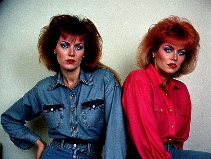 ektachrome shot, two scandi euro-disco babes, their messy hair down, wearing short torn jeans and blouses, the year is 1992