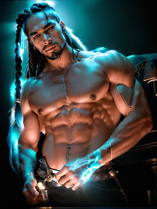(Battle hardened Native American man, long hair dreadlocks, long Viking style braided goatee, Deep photo, depth of field, ferrania p30 film, 85mm lens f1.8, accent lighting, global illumination, uplight, v4, q 2, SDXL 1.2, ultra best quality, ultra high quality, ultra high resolution, ultra high realism, ultra high realistic, ultra high masterpiece 1.0, enchantment 1.2, magical 1.2, ultra cinematic effects, ultra cinematic lighting, ultimate body builder physique, ultra defined muscle tone, facing camera, facing viewer, standing with head slightly tilted downward, eyes illuminated turquoise electric light, evil expression, rage full expression)