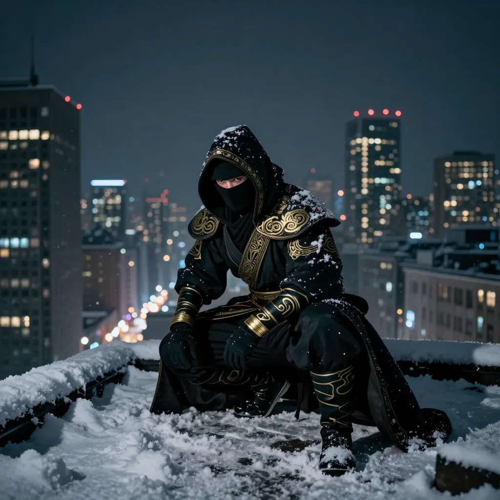 photograph, night scene, snowy city, rooftop, ninja, crouching, detailed, dark cloak with gold patterns, black mask with red eyes, black gloves, gold wristbands, black boots, snow-covered rooftops, city lights, tall buildings, winter, urban, stealthy, mysterious, dramatic, dark blue sky, cityscape, illuminated windows, high vantage point, intricate clothing details, ninja gear, winter clothing, urban ninja, city at night, snowy rooftops, intricate patterns, dark and moody, action pose, ninja silhouette, city lights reflecting, urban setting, high contrast, atmospheric, cinematic, fantasy, adventure, stealth, detailed textures, city lights, rooftop snow, nighttime, winter cityscape, ninja in city, detailed costume, intricate design, ninja in snow, urban fantasy, nighttime photography.
