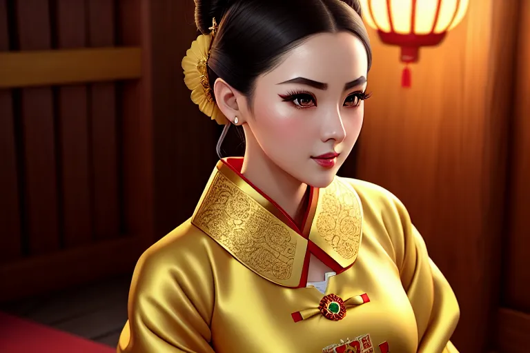 a digital art of,an ukrainian girl,wearing hanbok,kneeing,in a temple,big breasts,five fingers per hand,updo hair,charming face,beautiful lips,black eyes,curved eyebrows,erotic,wearing golden ring,artstation,studio lighting,pixiv,bokeh,professional