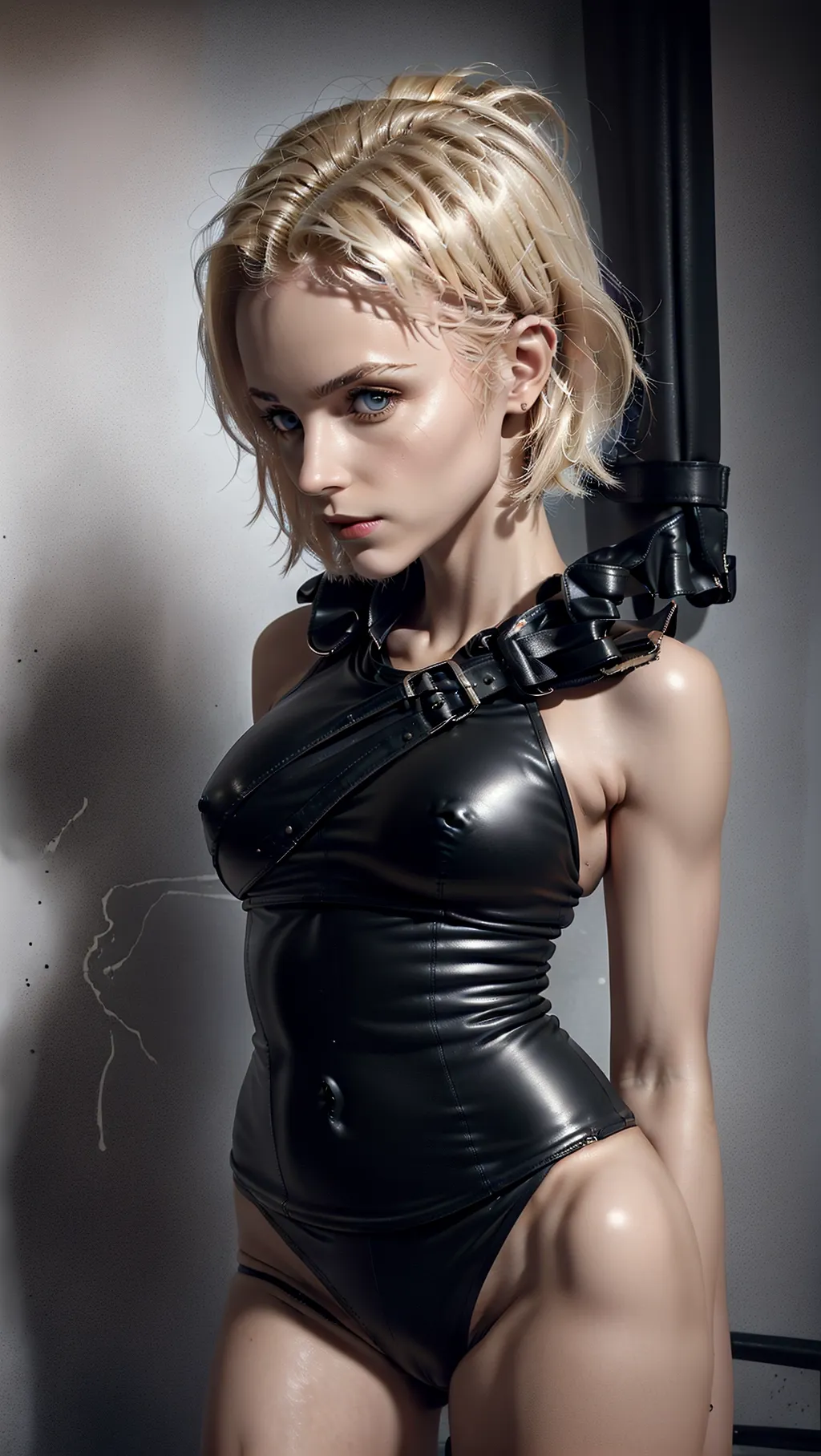 Female, shaved blonde hair, medium breasts, slim petite athletic, wearing a black leather bodice