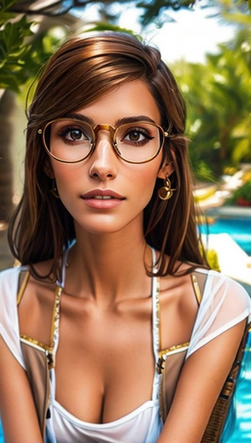 Pretty tan nerdy pirate brunette wearing glasses, photorealistic girl, uncovered hair, white blouse open, brown shoulderstraps
