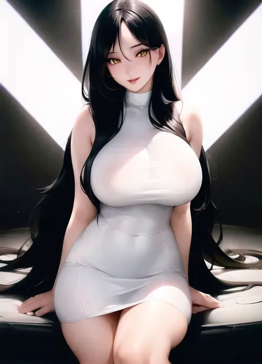 best quality, ultra high res, (photorealistic:1.4), 1girl, android, (large breasts:1.2), long black hair, yellow eyes, looking at viewer, full body, open forehead, wearing a white tight dress, transparent clothes, in a bustling club, <lora:dpmg_korean_doll:0.66>
