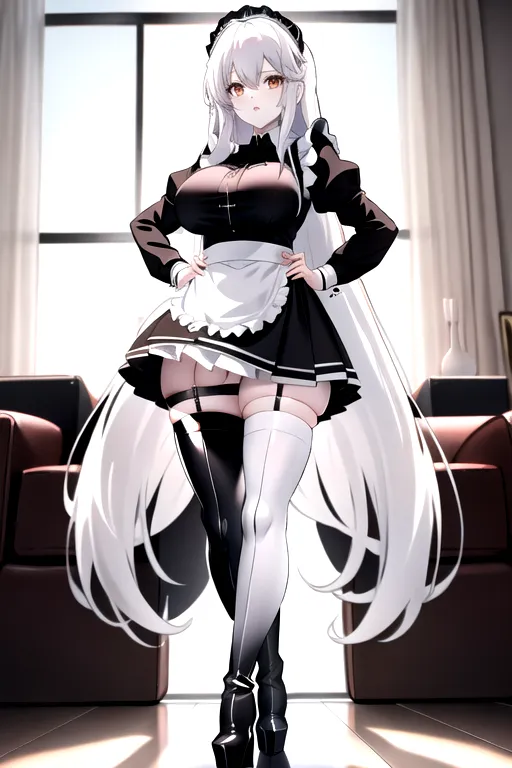 long hair, white hair, brown eyes, miniskirt, black maid uniform, giant breasts, looking at viewer, in living room, high heels, pale skin, thigh high boots