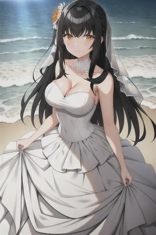 A black haired girl with orange eyes standing on a beach wearing a white wedding dress