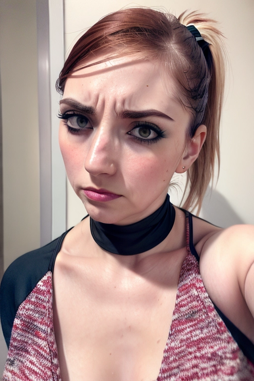 <lora:PN7xrGpnVMg_Caitlin:0.95>, (emo_slut:1.2), (magazine photoshoot), (female, soft features), (small breasts), glistening skin, fair skin, pale skin, (detailed skin texture, goosebumps), (((auburn hair, ponytail hair))), (((emo outfit))), (((ruined makeup, runny makeup))),
(((closeup of her face:1.2))), (((frowning face, disappointed))),
(best quality), <lora:dpmg_add_detail:0.5>, beautiful,(high resolution), (((masterpiece))), (uhd), (8k),