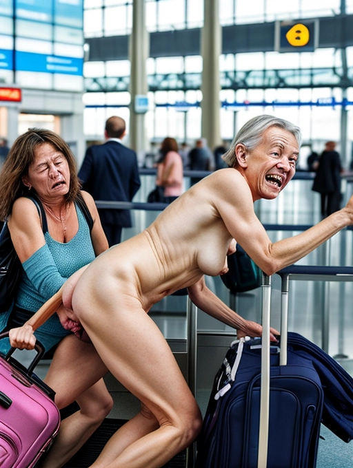 a naked middle aged lady, realistic face, is getting her vagina licked by her girlfriend in a crowded airport