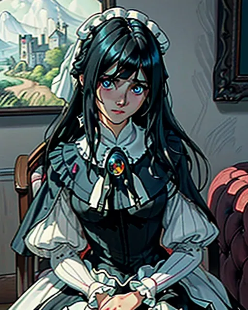 (Best quality, single frame image), (super colorful image of a young_woman sitting wearing traditional black and white maid attire), (long black hair with side bangs:1.2),
(correct anatomy, slender and toned), (large blue eyes looking at viewer:1.18), close up (view of cute western face with arrogant expression:1.17), beautiful thin lips (smiling smugly showing teeth:1.12),
Energetic and seductive, (colour explosion in a dreamy and faded landscape, (dynamic colours and indoor victorian_era_manor:1.25), hyperrealistic skin,
soft focus, sharp and clear image, (flat shading stylised colorful art:1.07), <lora:dpmg_add_detail:0.25>, (physically based ray-tracing, photon mapping, soft lighting:1.3), (high resolution masterpiece), cute round face, perfect arms, arms up