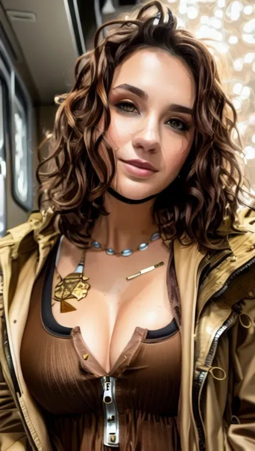 Brown hair, short brown hair, curly hair, wet hair, choker, tank top, big breast, cleavage, brown jacket, detailed lips,