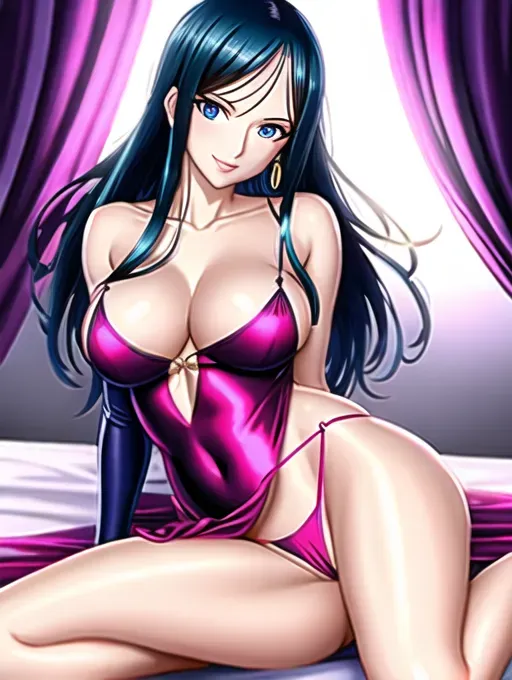 a 8k high detail photo full body shot of, Nico Robin from One Piece ,(((satin wearing nightgown))) ,((thong)) , revealing breasts, pussy showing , lounging in bed, ,medium breasts,five slender fingers ,silky hair ,beautiful face ,beautiful lips, smiling, blue eyes,curved eyebrows,curved eyelid,pale skin, satisfaction,ultra realistic,smooth,8k,studio lighting,surreal