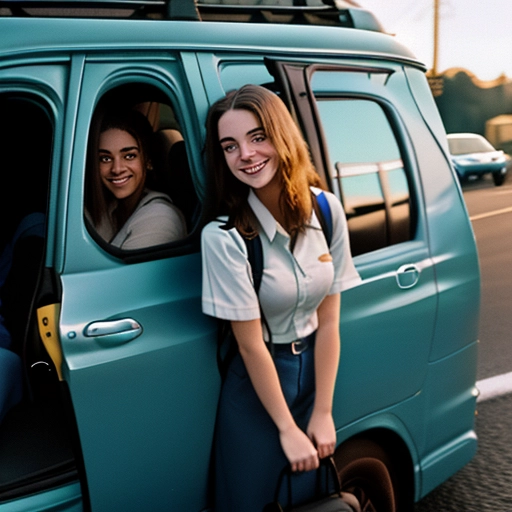 grainy photo of an 18 year old girl leaning over to speak into the window of the passenger door of a car, she is looking at the driver smiling, her entire body in photo, she is wearing a uniform, backpack, sneakers, perspective from beside her, (((((she is outside the car)))))