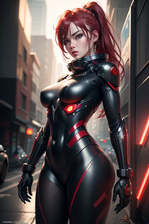 8k, Female robot, Mafia-suit, high tech ninja mask, Space Ship background, black-red highlighted hair, look at the camera, red-colored eyes, metal skin that glistens in the sun, full body image (beautiful detailed eyes, symmetrical eyes), dramatic lighting, (photorealism:1.5), (photorealistic:1.4), (8kRAW photomasterpiece), High detail RAW color photo, a professional photorealistic, (highest quality), (best shadow), (best illustration), ultra high resolution, highly detailed CG unified 8K wallpapers, physics-based rendering, photo,realistic, realism, high contrast, hyperrealism, photography,