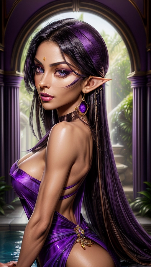 (outstanding Rough colour sketch of face and upper body portrait:1.2), hand drawn, a stunningly sexy and beautiful blackhaired fairskinned Elf princess with blue eyes watching the viewer, athletic body with toned abs seen through a (transparent:1.2) skimpy purple and white silk dress, slender waist with smooth skin and deep cleavage, (detailed erect nipples seen through clothes:1.1), (dramatic pose with arched back and exposed armpit:1.2), (slim body with large breasts:1.4), luxurious and revealing silk dress, (extremely long black floating hair reaching to her hips:1.2), large golden earrings and bracelets with precious gems, (happy and sexy smile:1.1), clear colours, (purple eyeshadow:1.6), (high cheekbones highlighted with red rogue:1.4), (tilting her head to one side:1.2),
(front view portrait from beolow of face and breasts only:1.6), luxurious harem garden with marble columns and lush bushes with purple flowers, pond with a marble fountain,
(masterpiece:1.1), <lora:dpmg_add_detail:1.2>, (NSFW:1.2),
cinematic lightning, artificial lighting, great shadows, best quality, highest quality, highest resolution, 8k, Perfect composition, masterpiece, sharp focus, perfect anatomy, five detailed fingers on hands, two arms, (no extra nipples:1.4), no ribs visible, style of Larry Elmore