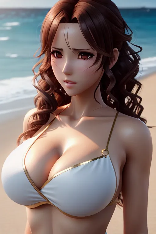 a photo shot of,asuna yuuki,wearing nurse clothes,touching breasts,on the beach,big breasts,five slender fingers,curly hair,gorgeous face,beautiful lips,black eyes,curved eyebrows,curved eyelid,peaceful,wearing golden ring,unreal engine,smooth,cinematic lighting,ultra realistic,surreal