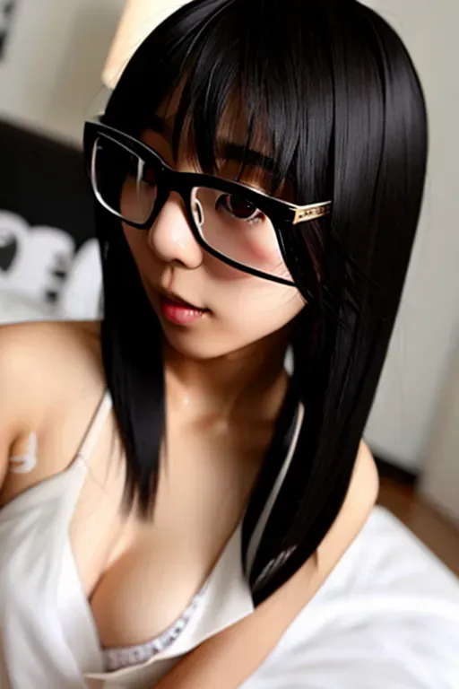 Japanese, cute, feminine, naked, young, girl, black hair, glasses