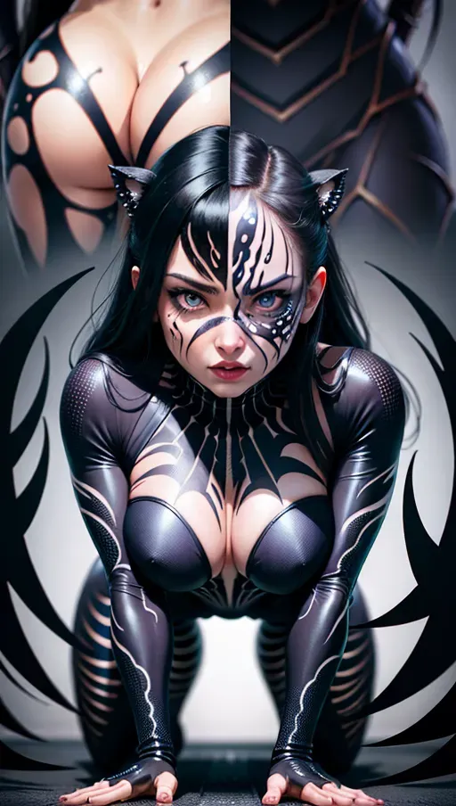 best quality, (((ultra high res))), (detailed face and eyes), ((female symbiote transformation)), five fingers per hand, symbiote body intrusion, all fours, corruption, symbiote face, symbiote corruption