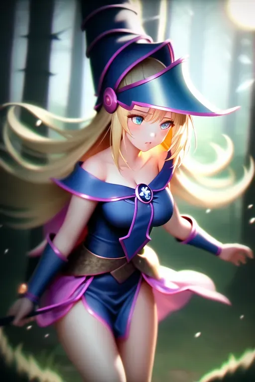 dark magician girl, mksks style, (very detailed background:1.0), (highly detailed background:1.0), masterpiece, best quality, (1girl), solo, (forest), long hair, blonde hair, blue headwear, wizard hat, spell casting, nature, trees:1.2, motion blur, magic, (moonlight:1.2), chromatic aberration, depth of field, soft lighting, highly detailed face, highly detailed eyes, <lora:dpmg_dark_magician:0.6>