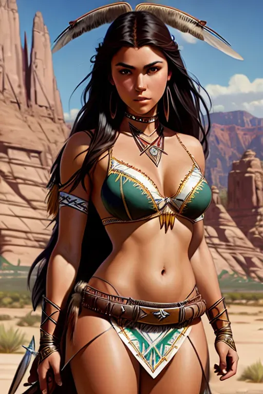 mdjrny-v4 style portrait photograph of Madison Beer as Pocahontas, young beautiful native american woman, perfect symmetrical face, feather jewelry, traditional handmade dress, armed female hunter warrior, (((wild west))) environment, Utah landscape, ultra realistic, concept art, elegant, ((intricate)), ((highly detailed)), depth of field, ((professionally color graded)), 8k, art by artgerm and greg rutkowski and alphonse mucha
