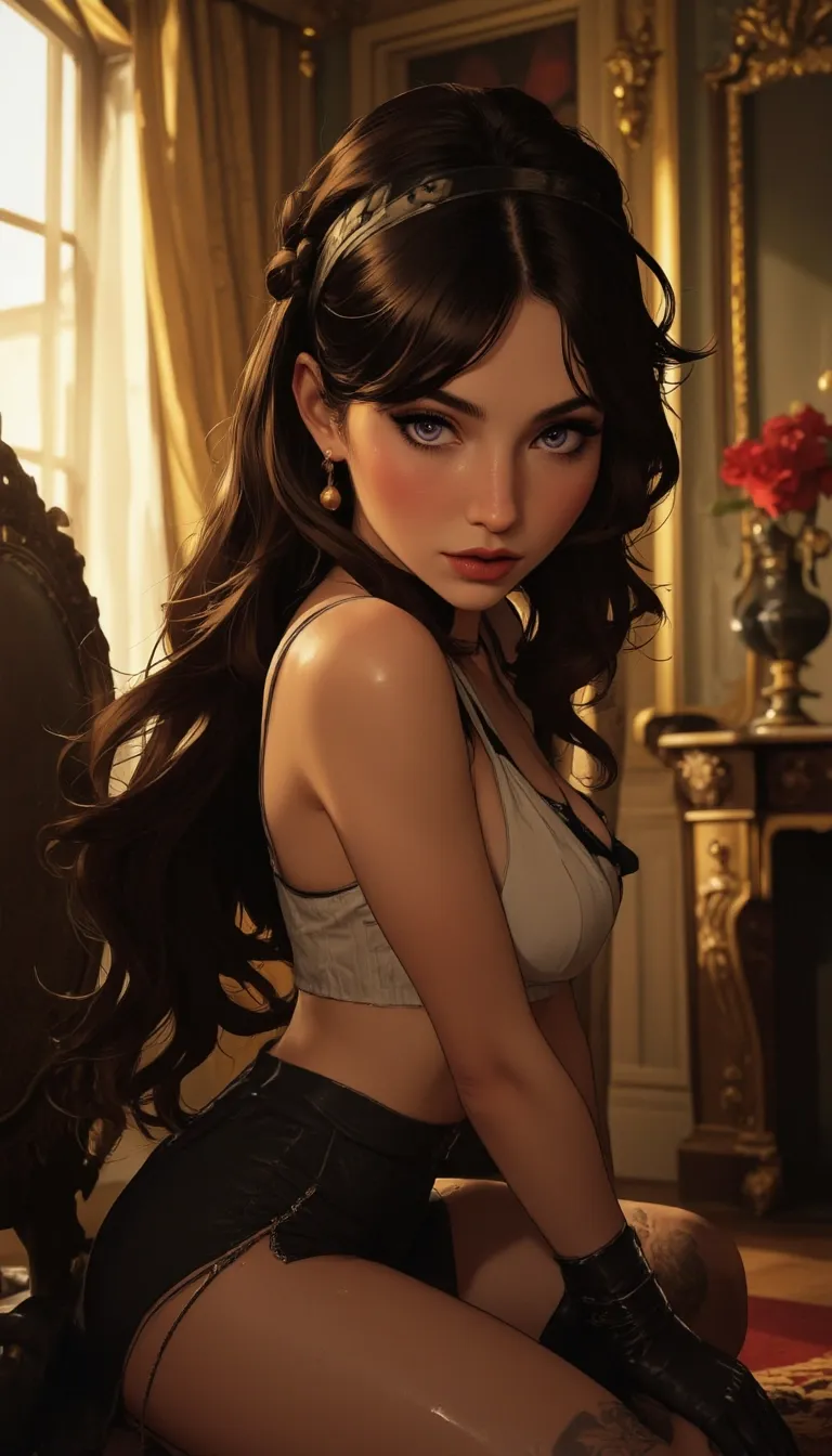 Anime style. 1boy, Serena, SerenaRH, very long straight black hair, brown eyes, gorgeous lips, dark lips, medium perky breasts, perfect body, large hips, fit body, thick thighs, 1g0r, Dutch angle, earrings, elegant, makeup, fancy party room, indoor, golden details, dramatic light, face closeup, parted lips, makeup, abs, solo, parted lips, shiny skin, sweat, brown hair, toned, brown eyes, big breasts, braid, muscular male, black hair, long hair, looking at viewer, indoors, easynegative, FMAB_Envy, 1boy, solo, long hair, black hair, purple eyes, slit pupils, headband, crop top, bare shoulders, midriff, gloves, fingerless gloves, skirt, side slit, bike shorts under skirt, bike shorts, toeless legwear, leg tattoo, 1femboy, on knees