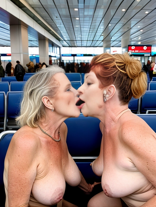 two naked middle aged ladies are getting sexual with each other in public in a busy airport