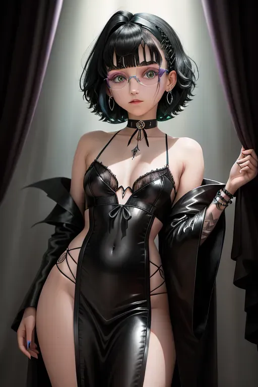 A Raven Claw Teenage Girl with a 2008 emo girl hair cut hair, Her hair is black and continues down to her shoulders. Her bangs go across the top of her face just barely above the eyebrows. She is wearing the raven claw house of hogwarts robes over her body, underneath the robes she has barely tucked away a little lace choker. She also has earrings of little swords going through her earlobe as her earrings, she also has a pair of small glasses that accentuate her green eyes.