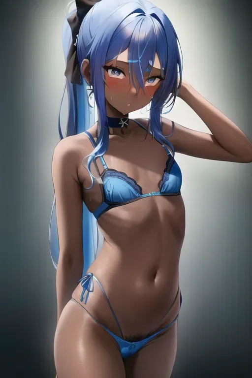 masterpiece, best quality, long (blue hair) in a ponytail, (sexy blue lingerie), ((small breasts)), orgasm, (shy), detailed background, uncensored, wet pussy, pubic hair, ((dark skin)), using hands to cover privates