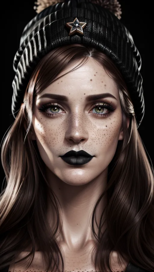 photorealistic, 8k, accurate face, detailed face, (((replicate inspiration face))), freckles, black lipstick, brown hair, black beanie, flat chest,
vacant stare, hypnotized, slack jaw